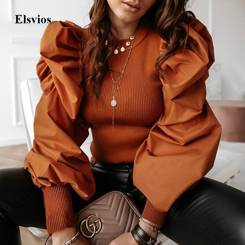 Elegant Autumn Puff Long Sleeve Shirt Blouse Spring Women Rib Knitted Pullover Tops Solid Female Buttons Streetwear Blusas Mujer Y200402