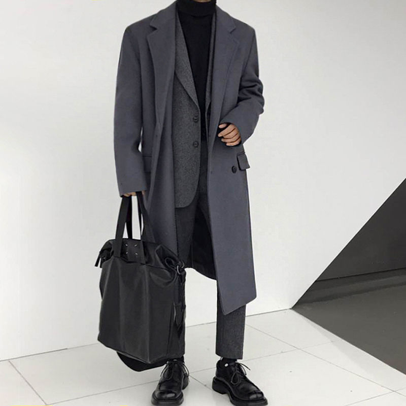 

Winter Thick Woolen Coat Men's Warm Fashion Solid Color Casual Korean Woolen Coat Men Streetwear Loose Long Jacket Mens, Black