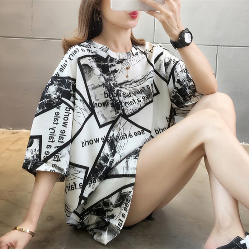

New recommended printed short-sleeved T-shirt female summer Korean version of the large casual long loose T-shirt special, See chart