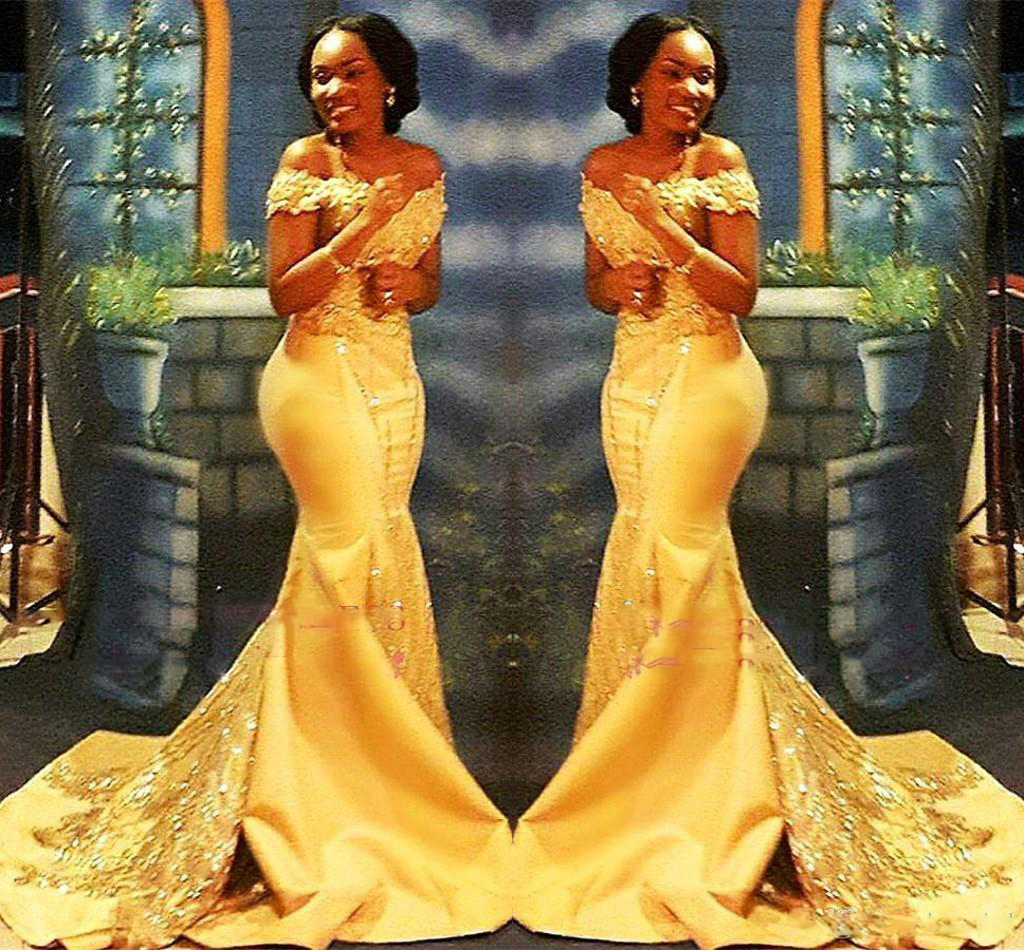 

African Nigerian Yellow Mermaid Prom Dresses Off Shoulders Lace Sequined Satin Evening Prom Gowns, Lavender
