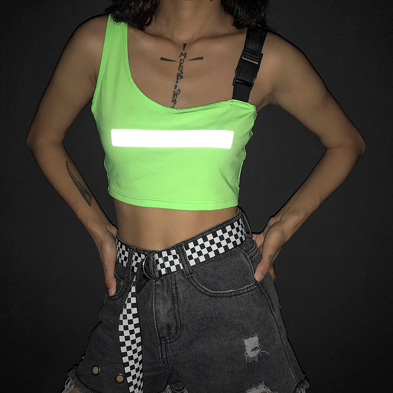 

Zmvkgsoa New Reflective Top Women Fitness Active Wear Athleisure Sporty Tanks Summer Sleeveless Crop Tops Streetwear Y11644, Green