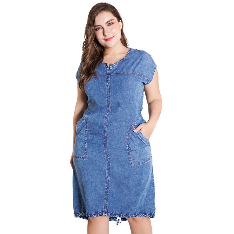 

2019 Summer ladies Plus Size denim dress for women clothes Round Neck Pockets Large Size party Dress BONJEAN, Blue