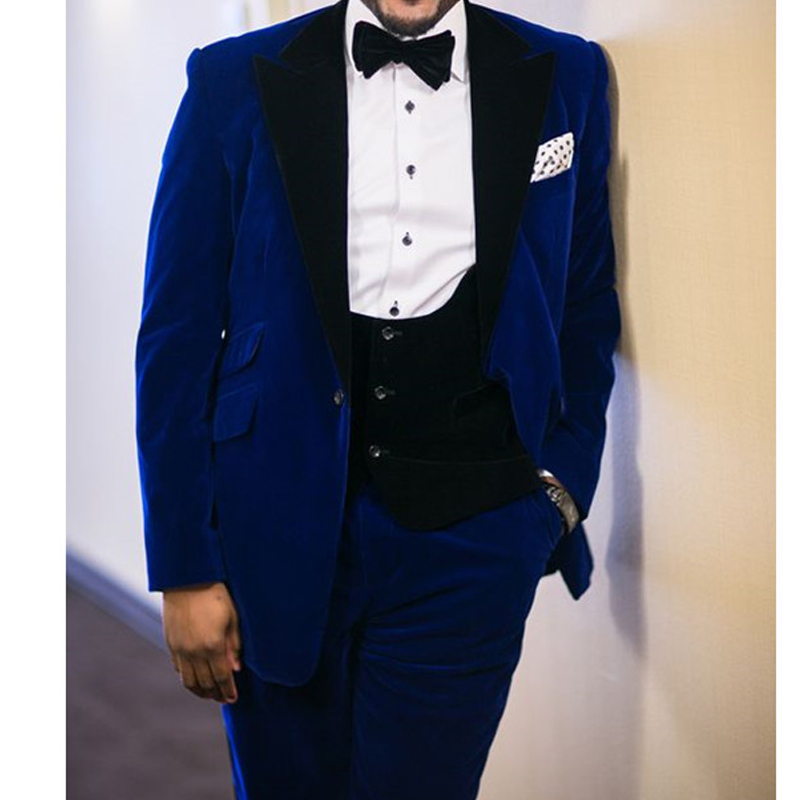 

Royal Blue Velvet Prom Men Suits for Big Size Wedding 3 piece Black Peaked Lapel Custom Groom Tuxedos 2020 Man Fashon Clothes, Same as image