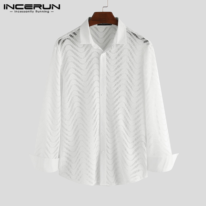 Mode dentelle chemise hommes Sexy respirant voir à travers la discothèque robe de soirée chemises hommes bouton maille à manches longues Blouse S