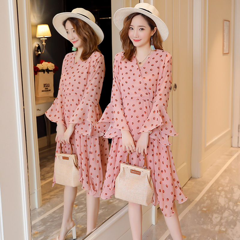 

Maternity Clothes Spring Summer Elegant Dot Floral Breastffeding Dresses Long Sleeve Chiffon Nursing Dress Pregnant Women Out, Blue