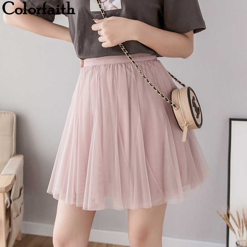 

Colorfaith 2020 Women Casual Chiffon Mini Skirt Spring Summer Pleated Multi Colors Mesh Ball Gown Flared Skater Skirts SK2697, Beige