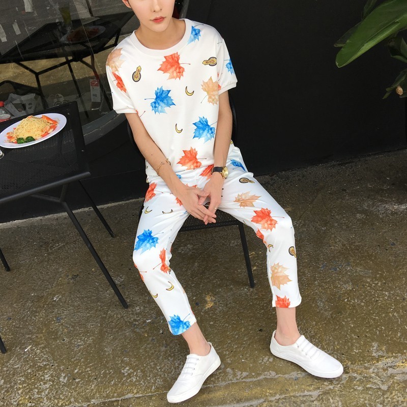 

2020 Summer Short Sleeve Round Neck Print Floral Sets For Men Korean Slim Fit Casula Trousers Set Fashion Male Clothing