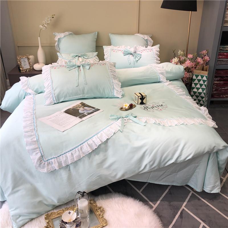 

36Light green Princess Style 60S Egyptian cotton Ruffle Bedding Set Duvet Cover Bed Linen Bed sheet Pillowcases King Queen Size