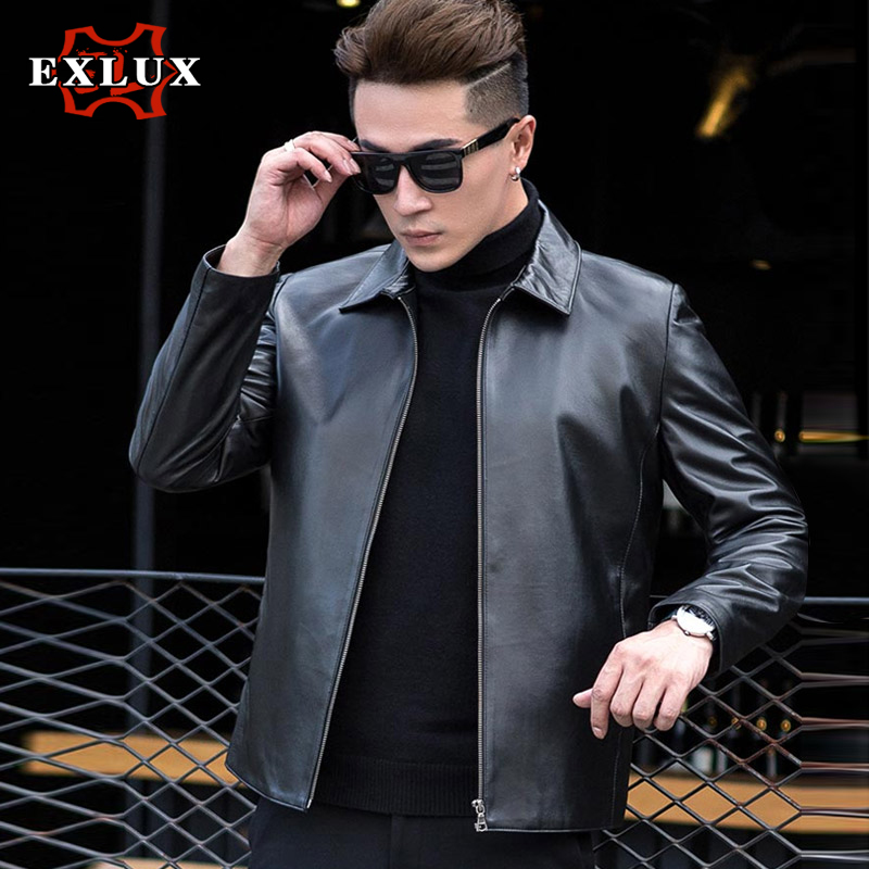 

Men's genuine leather coat 2019 new short paragraph lapel casual sheepskin leather jacket for male, Black