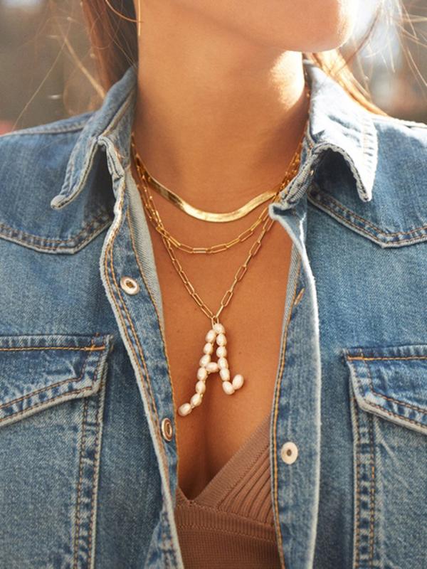 

CHIAO Fresh Water PEARL INITIAL PENDANT Curb Thick Chain Link Necklace for Women