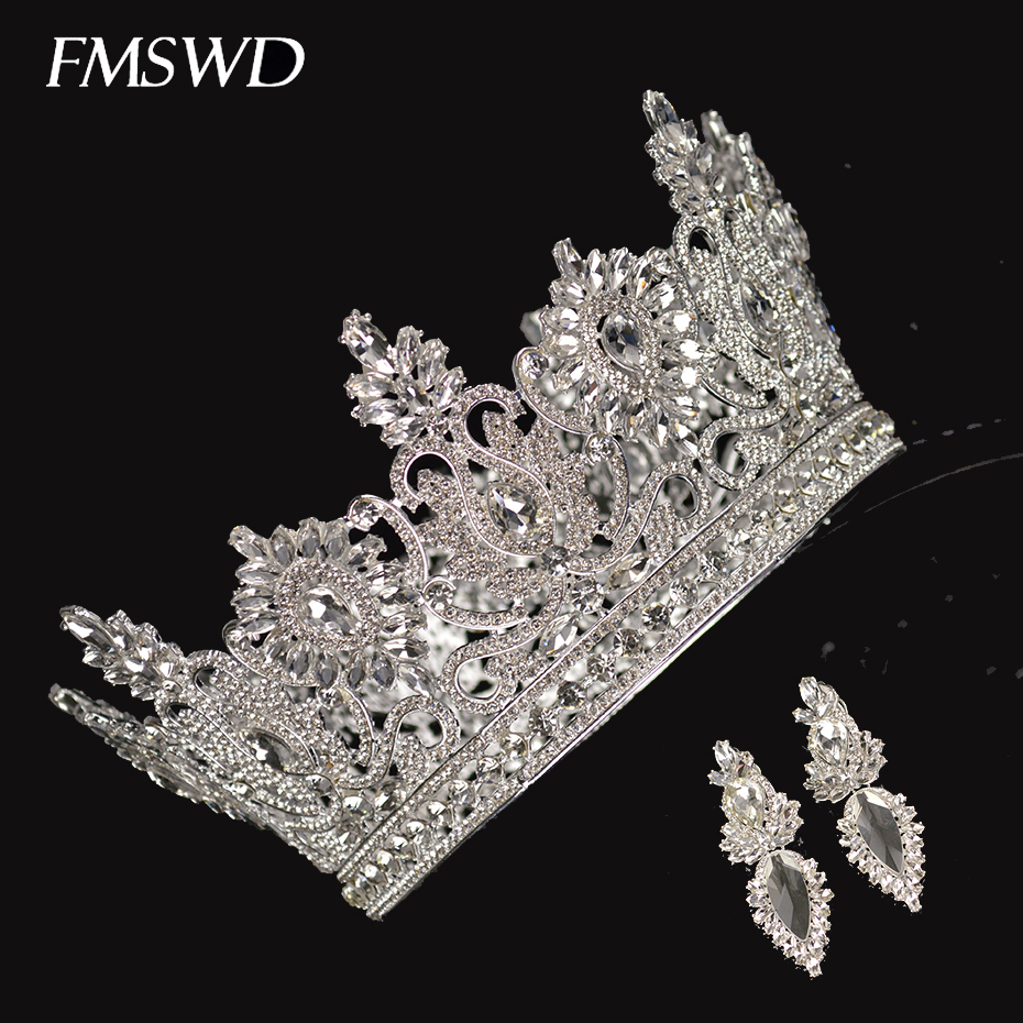

Round Silver Crystal Crown Earrings Bridal Wedding Hand-made Rhinestone Inlaid Headdress World Miss Decoration Hair Accessories CJ191226