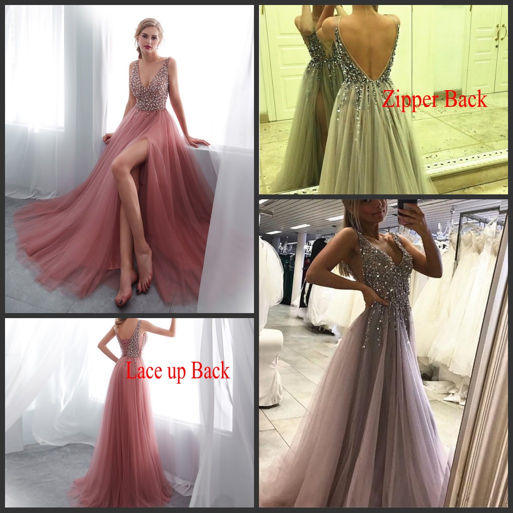 

Sexy Prom Dresses 2021 High Split Crystal Beaded Evening Gowns Tulle V-Neck Low Back Women Formal Dress Long, Black
