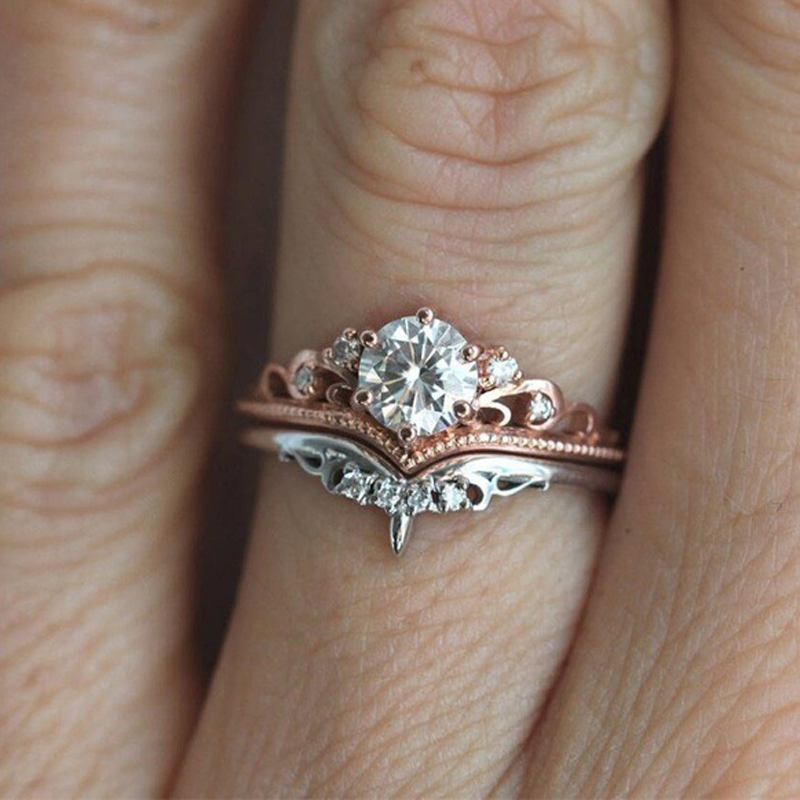 

Creative Inlaid Zircon Crown Princess Rings Set Plated Rose Gold Color Engagement Rings for Women Exquisite Bride Jewelry Anel