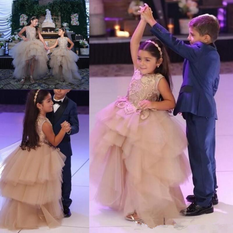 

Ball Gown Flower Girl Dresses For Toddlers Jewel Champagne Girls Pageant Dress Lace Appliques First Communion Gowns High Low, Ivory