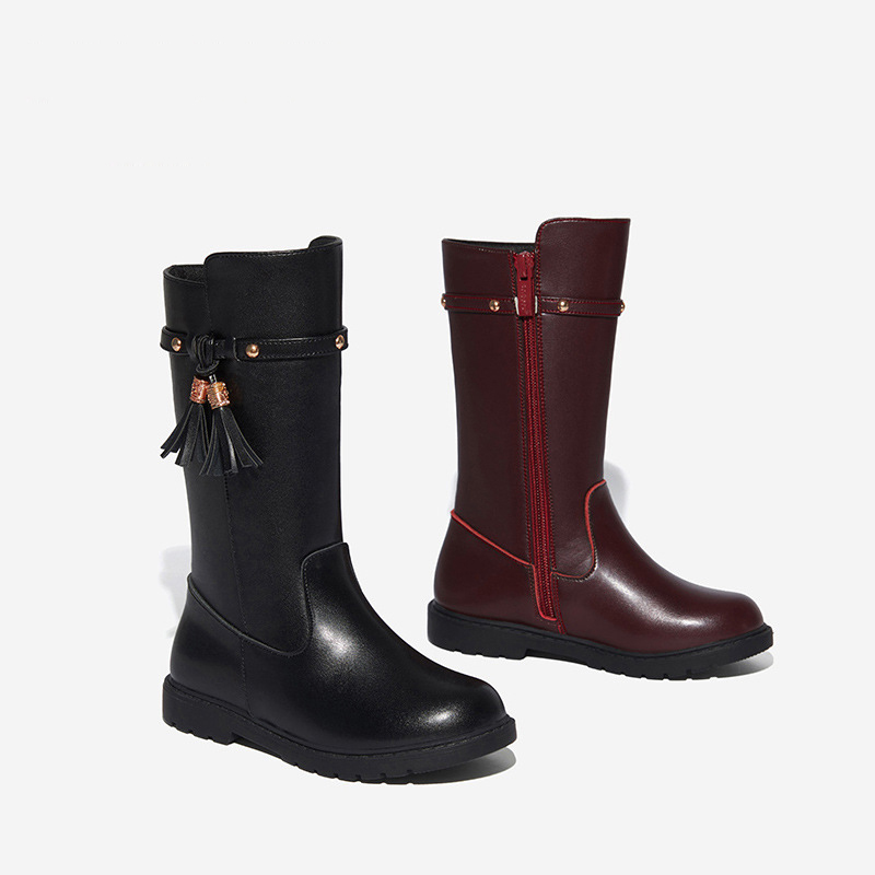 

Winter Kids Knee High Boots Children Tassel Princess Baby Girls Genuine Leather Shoes Black Boots Fashion Warm Boots