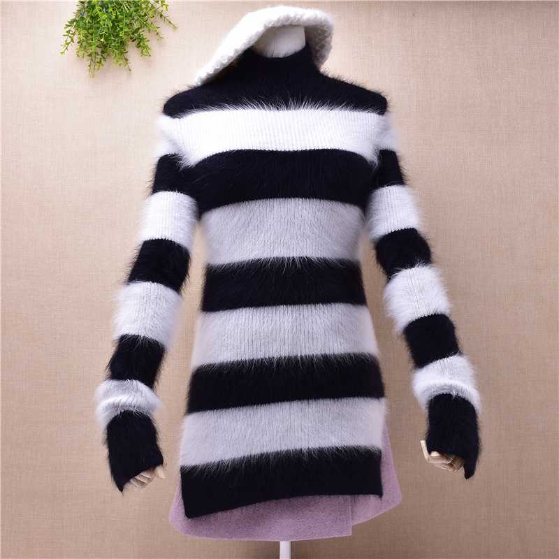

Elegant fashion ladies women striped turtleneck hairy mink cashmere slim pullover angora fur knitted sweater blouses jumper tops, Body72 chest74-90cm