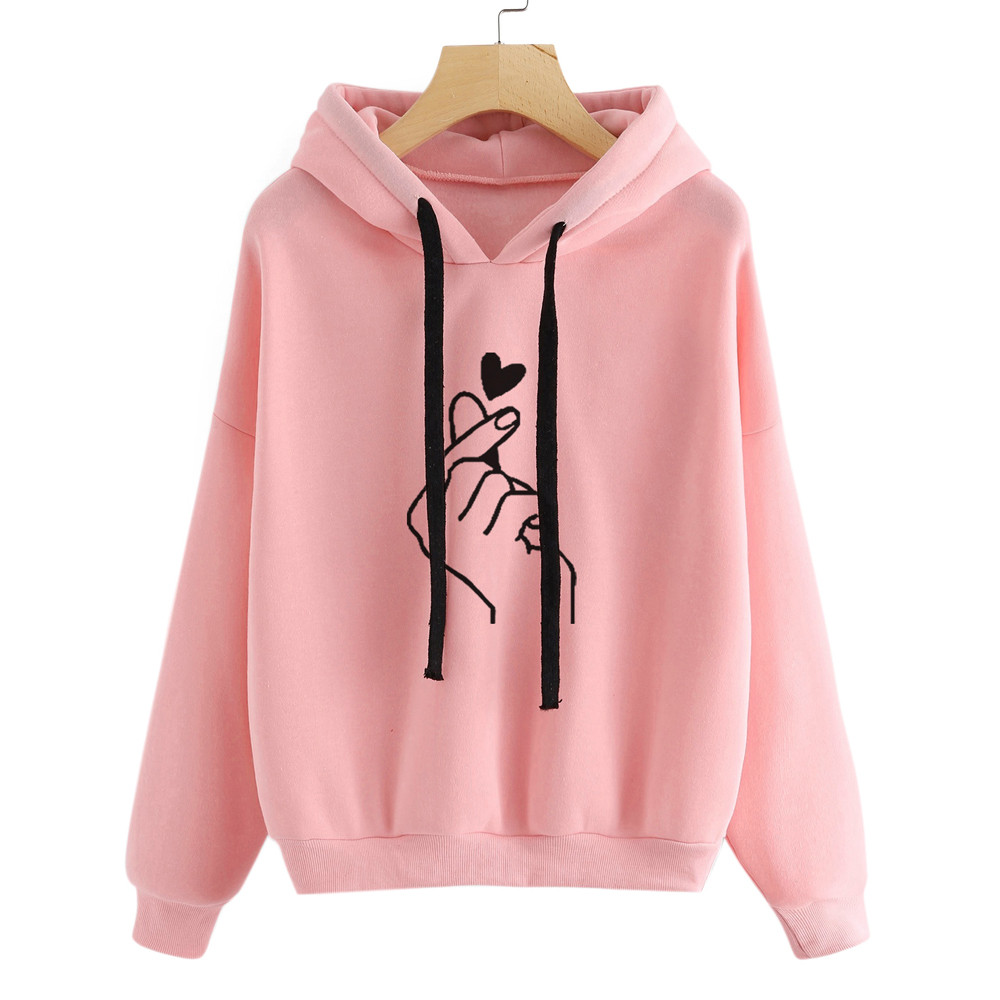 

Womens Hoodie Sweatshirt Jumper Hooded Pullover Tops Long Sleeve Finger Heart Printed Funny Streetwear Sweatshirt Hoodies Mujer, Black