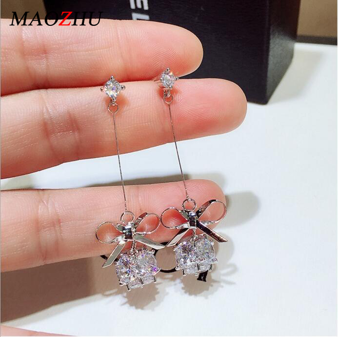 

MAOZHU New Simple Bow Earrings 925 Silver Needle Zircon Ball Earrings Long Paragraph Wild High Quality Jewelry A142