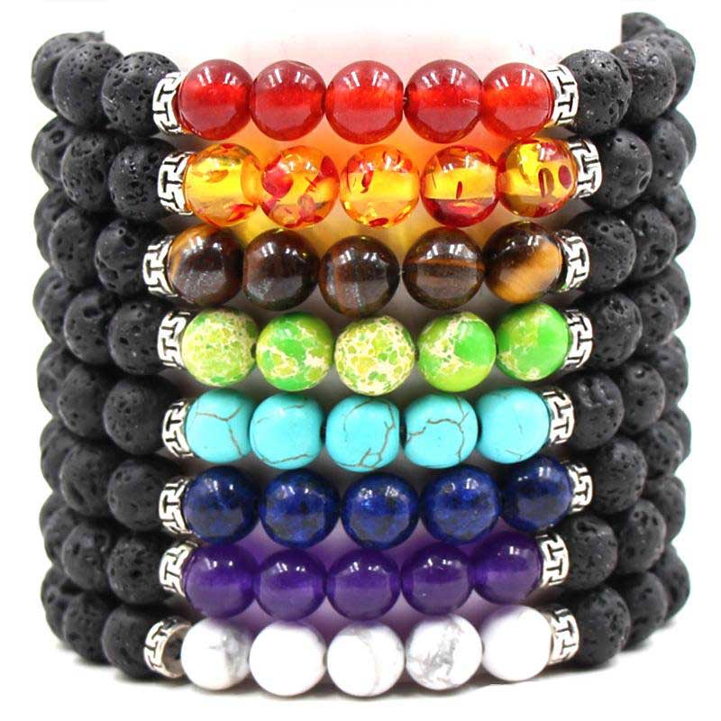 

New Chakra Lava Rock Beaded Bracelets For Men Women Natural Healing crystal balance stone Tiger eye beads String chains Bangle Yoga Jewelry