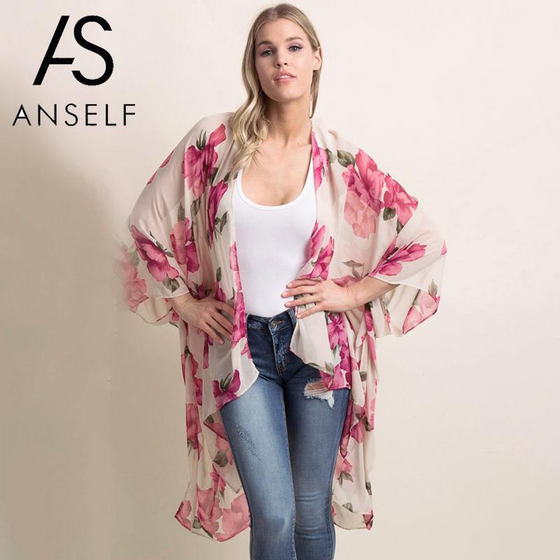 

Summer Blouse Women Chiffon Bikini Cover Ups Floral Print Open Front Batwing 3/4 Sleeves Kimono Cardigan Loose Beach Cover Up