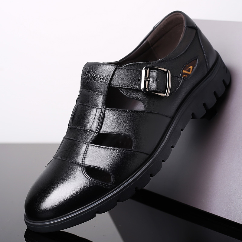 

summer mens slippers genuine leather sandals outdoor casual men leather sandals for Beach shoes hombre Hollow aerated shoes, Black