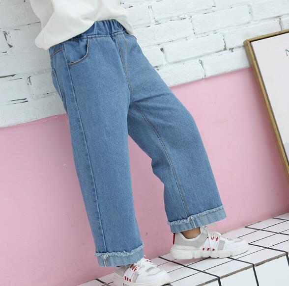 

Kids Girl Wide Leg Jeans Casual Children Denim Pants Spring Autumn New Korean Girls Straight Trousers, Blue