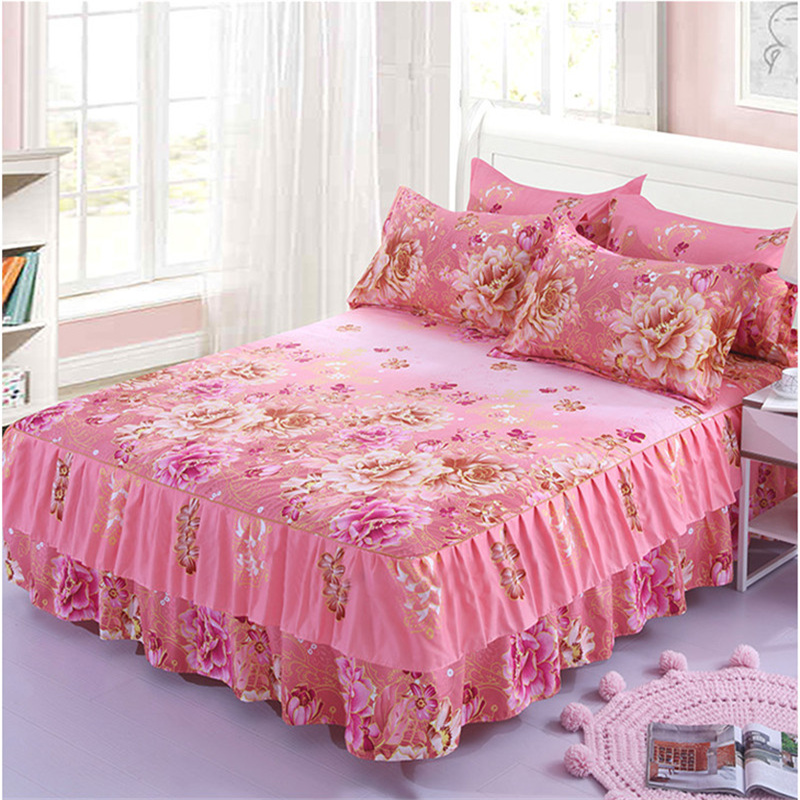 

3pcs Floral Bed Skirt Non-slip Fitted Sheet Cover Graceful Bedspread Double Lace Home Textile Cover + Pillowcase colcha de camal, 4 pcs clips