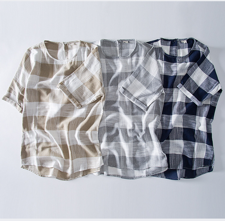 

Summer new casual checked men's T-shirt Chinese style linen round collar five - point sleeve T-shirt men, White