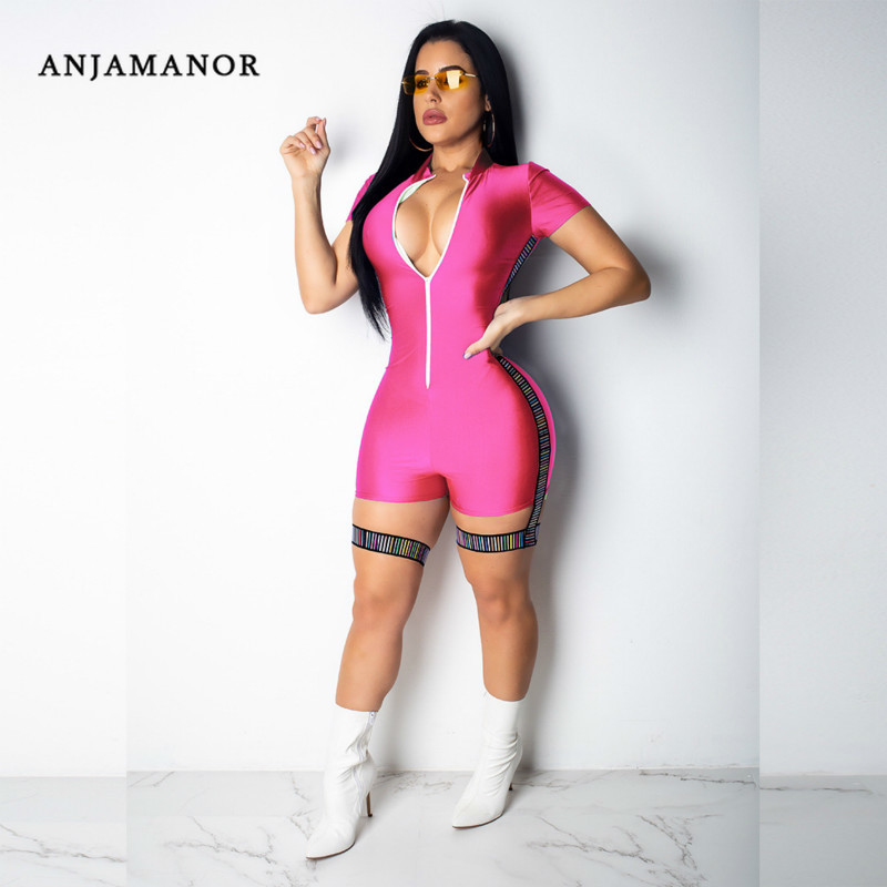 

ANJAMANOR Neon Pink Front Zipper Sexy One Piece Bodyocn Romper Women Clothes 2019 Summer Jumpsuit Club Playsuit D41-AD61, Black