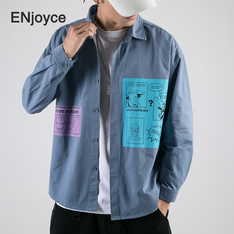 

Spring Summer Japanese Harajuku Shirts for Men Doodling Letter Print Loose Blouse Oversize Shirt Streetwear Fashion Hip Hop Tops, Blue