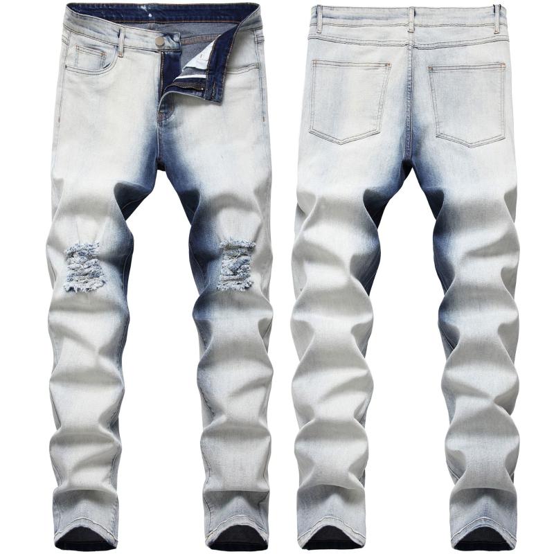 

Male Cotton Jeans Denim Pants Trousers New Style Original Straight Slim Fit Men's Ripped Jeans Homme Light Color Zipper Holes, Blue