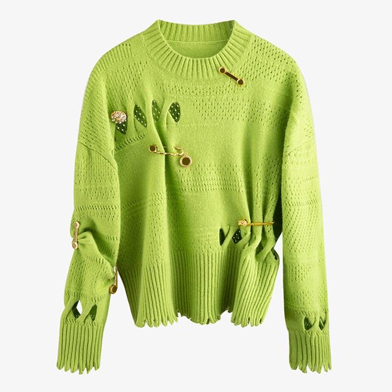 

Women Patchwork Pins Hollow Out Sweaters Female Long Sleeve Irregular Hem Asymmetrical Sweater, Black