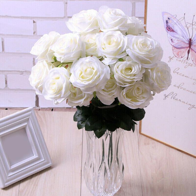 

10 Heads Artificial Rose Bouquet Silk Fake Flowers Wedding Party Bedroom Decor Red, Gray Purple, White, Beige