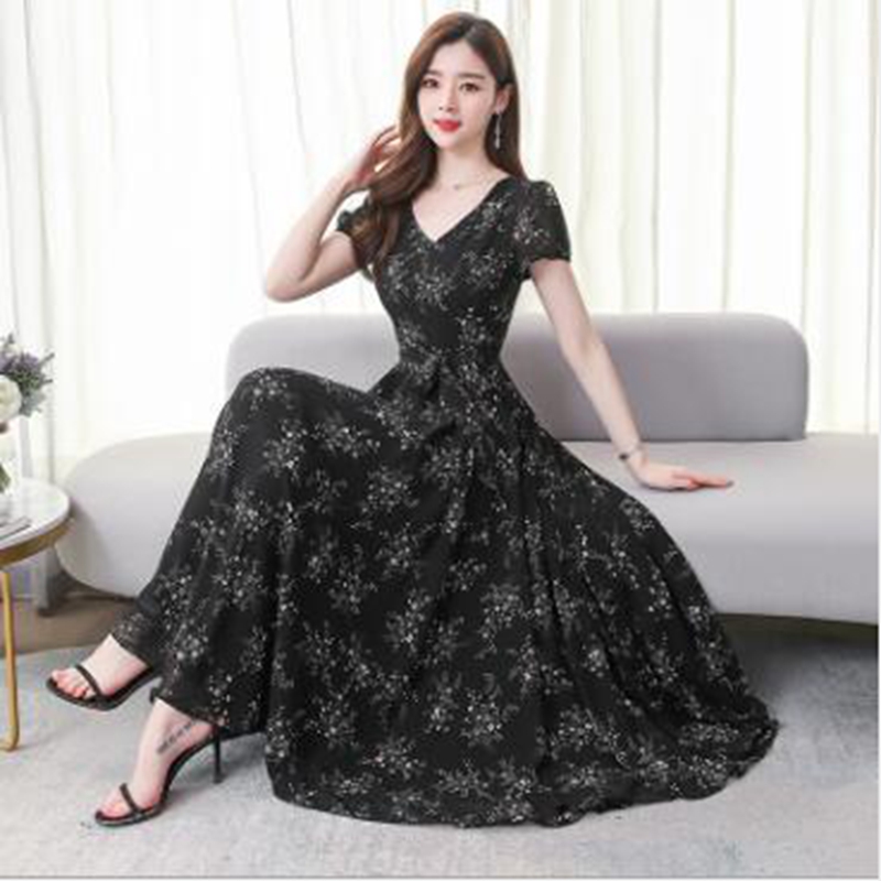 

Wholesale women's spring and summer new waist short-sleeved mid-length popular floral bohemian chiffon dress, Black