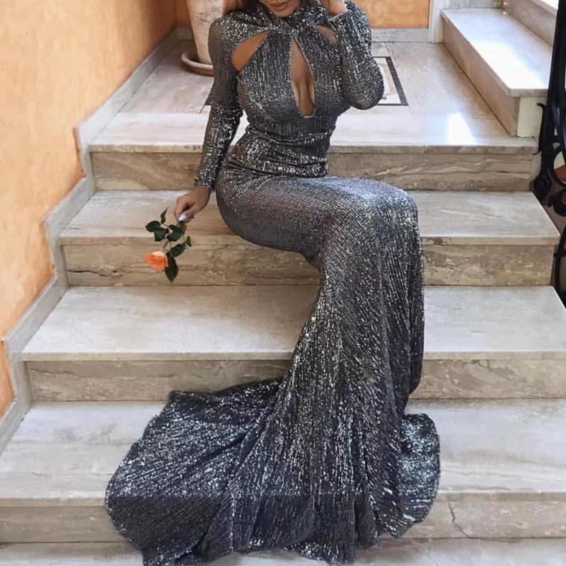 

Sequined Long Sleeve Dress Celebrity Sexy Elegant Night Club Fashion Women Evening Party Hollow Out Bodycon Long Dresses, Gray
