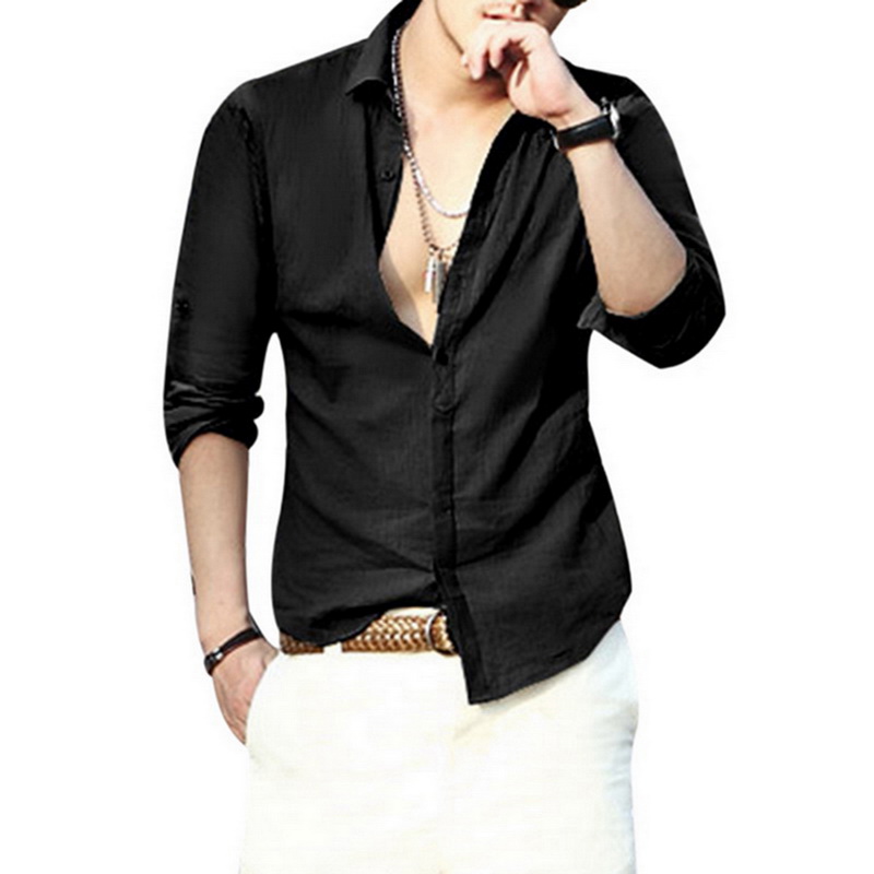 

Men's Casual Shirts Long-sleeved Male Linen Lapel Loose Quick-drying Shirt 2021 Solid Street Beach Tops, White