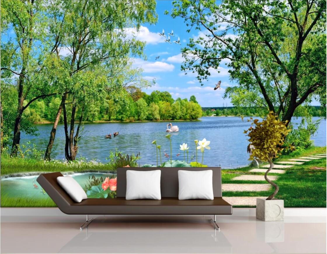 

3d wallpaper custom photo Mural background Lake water, eucalyptus, grassy road, TV background wall canvas wall art trees art canvas pictures, Picture shows