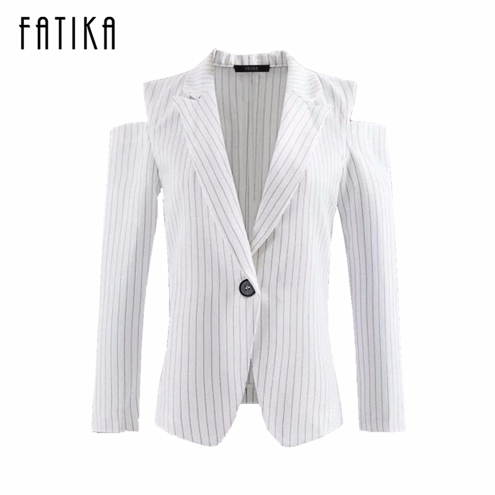 

FATIKA 2017 Women Vertical Striped Blazer Office Lady Off Shoulder Suit Blazer Single Button Blazers And Jackets For Female, White