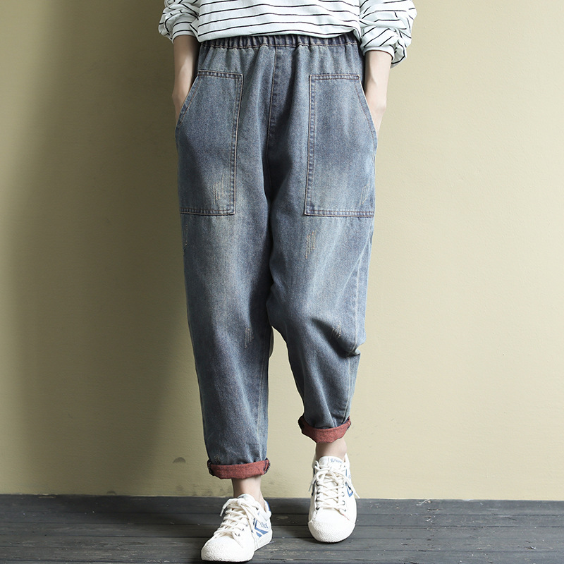 

Women Jeans Autumn Winter Loose Casual Denim Trousers 2019 New Elastic Waist pocket Vintage Casual Ladies Denim Pants, Blue