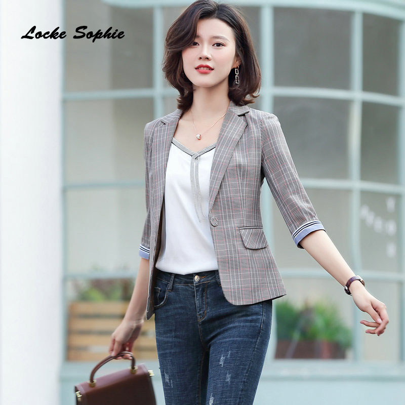 

Womens plus size Blazers coats 2020 Spring Cotton plaid Splicing Slim fit Small Suits jackets ladies Skinny office Blazers Suits, Gray