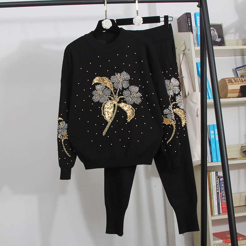 

Top Quality Fashion Autumn Winter 2Piece Tracksuit Set 2019 New Designer Bead Loose Knitting Sweater Top+Haren Pants Suit Sets, Black