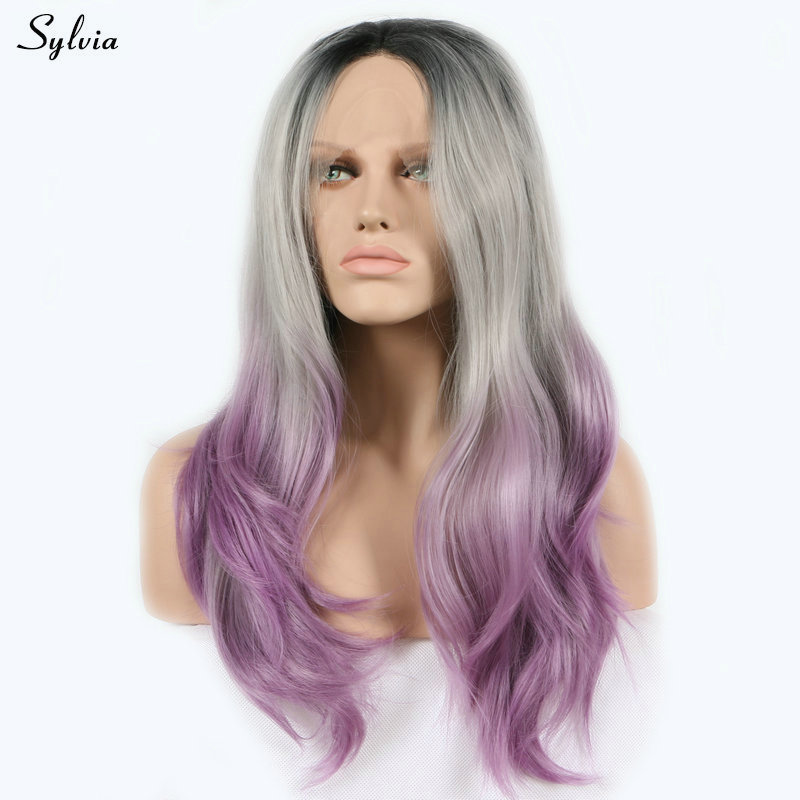 Natural Hairline Black Roots Ombre Silver Gray Purple Three Tone