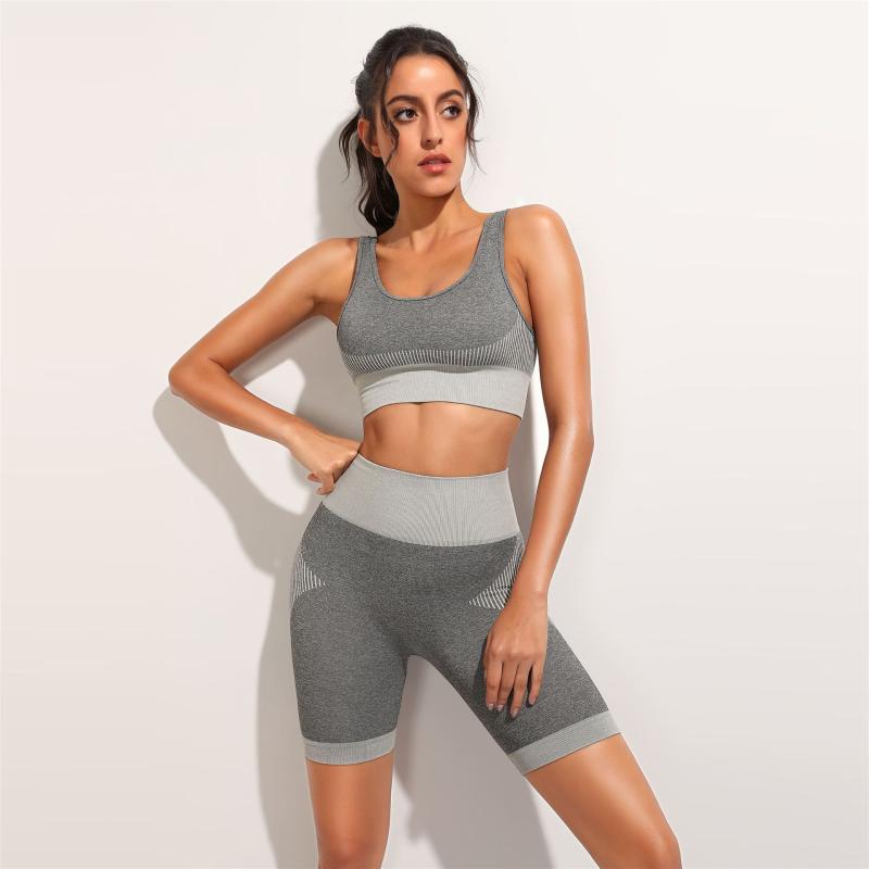 

Women Yoga Suit Two Piece Kniting Seamless Sportwera Gym Fashion Workout Running Halter Yoga Set Female Fitness Leggings, Grey long