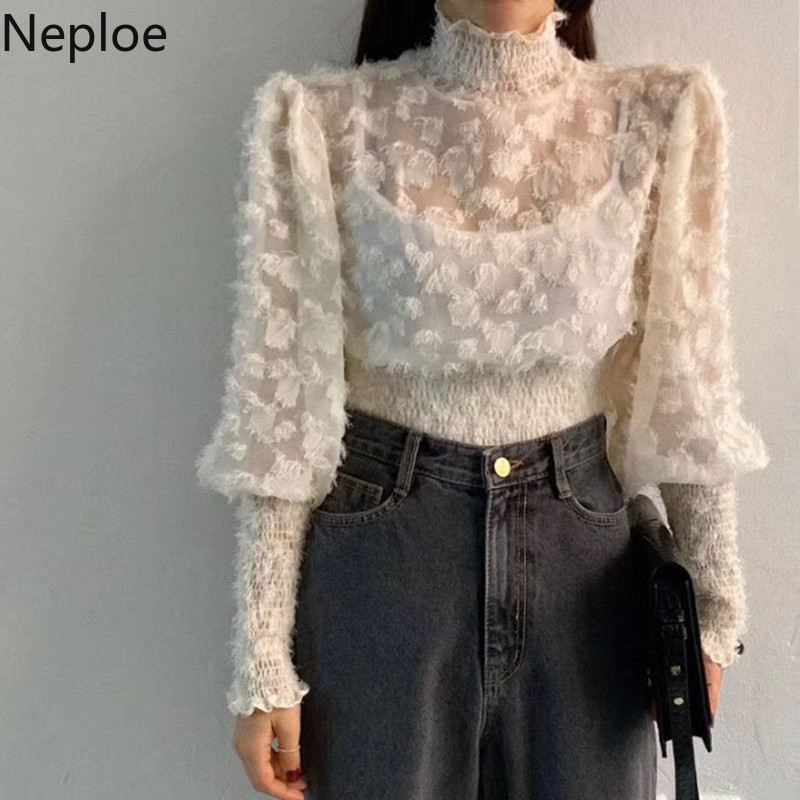 

Neploe Lace Shirt Stretch Sllim Waist Short Blouse 3D Petal Lantern Sleeve Stand Neck Blusas 2020 Spring Elegant Tops 57378, Black