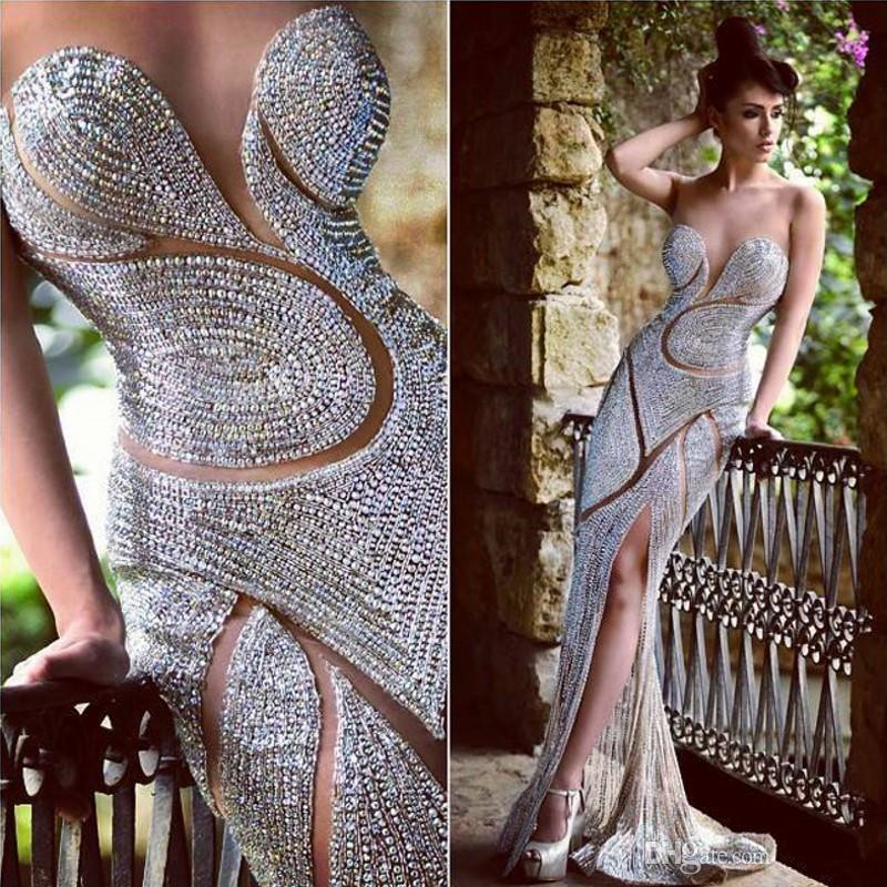 

Arbic Blingbling Evening Dresses Luxury Dubai Jewellery Rhinestones Sheer Jewel Mermaid Floor Length Red Carpet Celebrity Prom Dresses, White