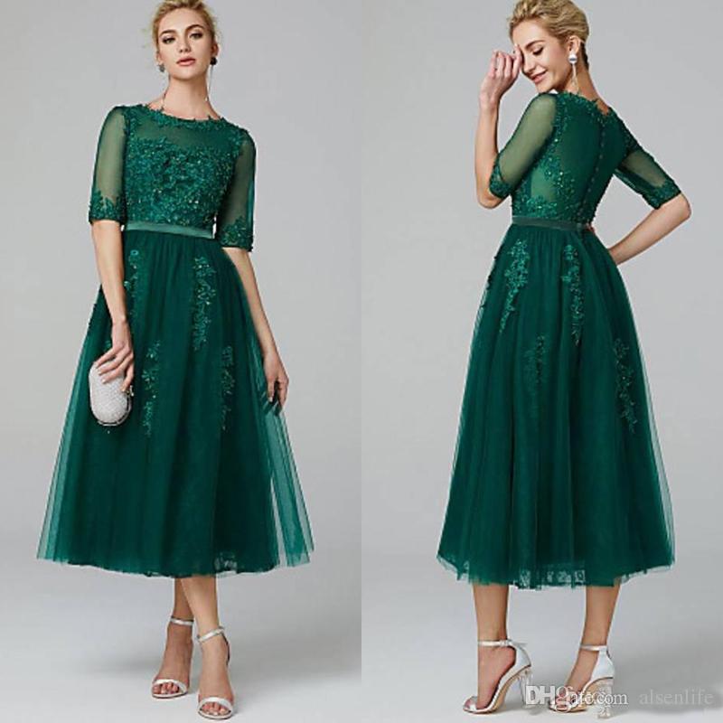 

Elegant Cocktail Party Dresses A-Line Illusion Neck Tea Length Prom Dress with Beading Appliques Half Sleeve Dark Green Special Evening Gown, Burgundy