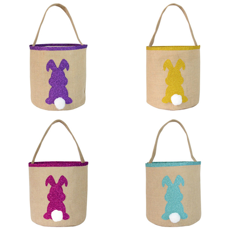 

Burlap Easter Baskets Fluffy Rabbit Tails Buckets Jute Glitter Bunny Tote Gift Candies Eggs Sequins Handbags Kids Barrels Basket DHL D11504, 25*23cm
