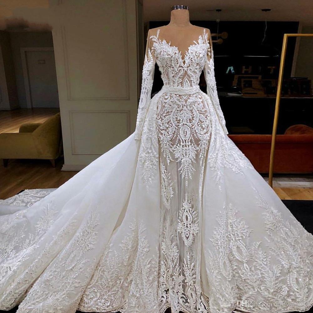 

Real Picture Mermaid Wedding Dresses With Detachable Train Lace Applique Sweep Train Generous Country Bridal Dress Long Sleeve Wedding Gowns, Champagne