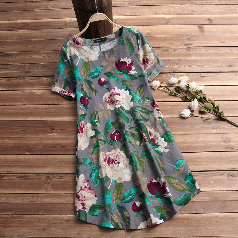 

2020 Plus Size ZANZEA Summer Floral Printed Dress Women Casual O Neck Short Sleeve Sundress Vintage Cotton Linen Loose Vestido, Gray