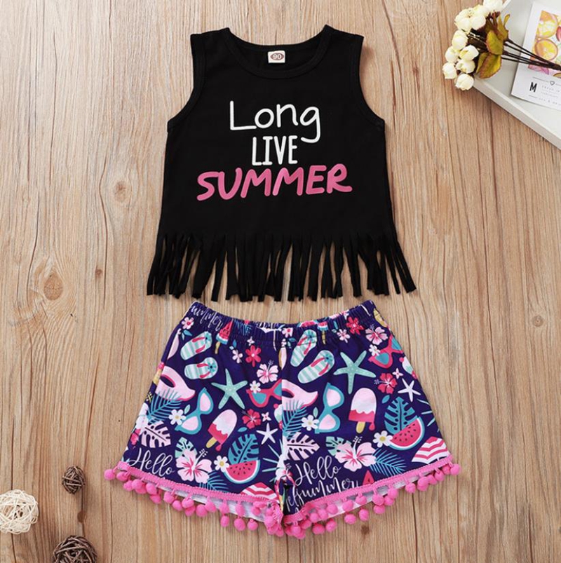 

Summer Girls Outfits Letter Printed Toddler Vest Shorts 2pcs Set Children Tassel Shirts Beach Pants Suits Designer Kids Clothing DW5078, 1 lot=2pcs=vest+shorts